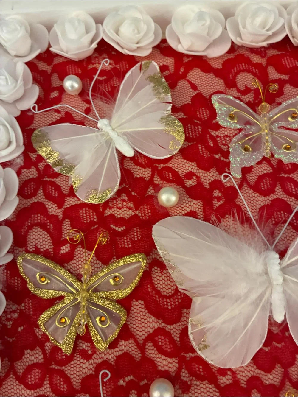 Hand Crafted White Butterfly Shadow Box Frame with Red Lace Backing